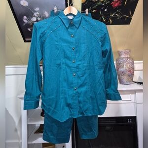 Vintage!!!!  Teal Women's Pantsuit with Studded Detail
